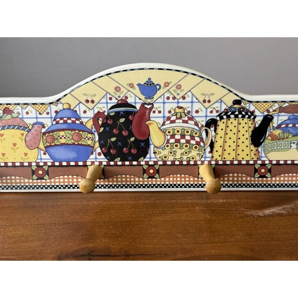 VTG Mary Engelbreit Wall Decorative Teapots Apron Key Potholder Hook Rack 16.5